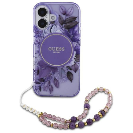 Guess IML Flowers With Pearl Strap MagSafe - Case for iPhone 16 Plus (Purple)