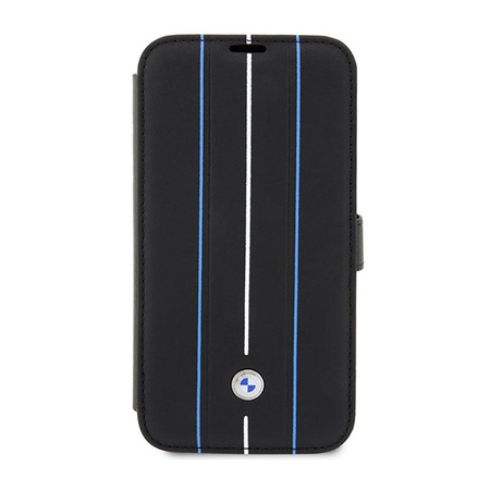 BMW Booktype Leather Stamp Blue Lines - Tasche für iPhone 14 Pro Max (Schwarz)