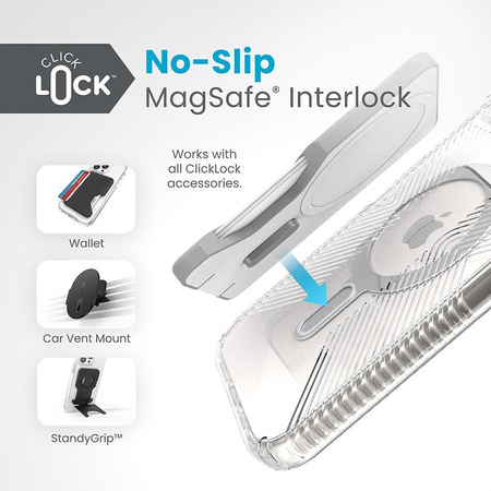 Speck Presidio Perfect-Clear Grip ClickLock & Magsafe - Coque pour iPhone 15 Plus (Transparente / Finition Chrome / Argent Serein)