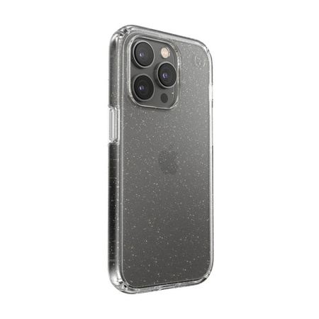 Speck Presidio Perfect-Clear avec paillettes - Coque pour iPhone 14 Pro avec revêtement MICROBAN (transparent / paillettes d'or)