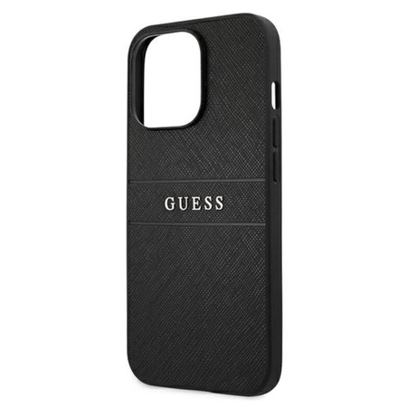 Guess Saffiano fém logós csíkok - iPhone 13 Pro tok (fekete)