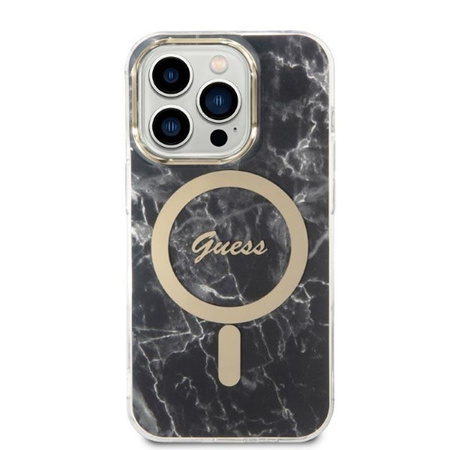 Guess Bundle Pack MagSafe IML Marble - MagSafe iPhone 14 Pro Case + Charger Set (black/gold)