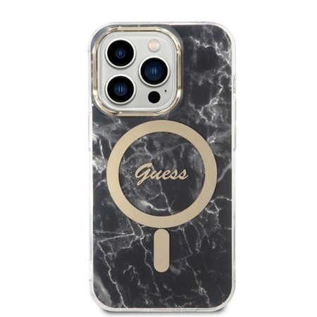 Guess Bundle Pack MagSafe IML Marble - MagSafe iPhone 14 Pro Max case + charger set (black/gold)