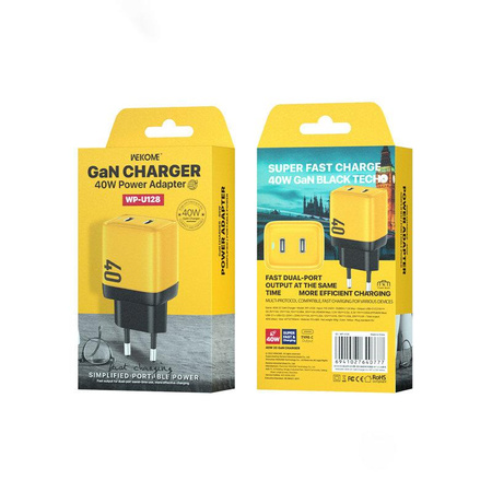 WEKOME WP-U128 - 2x USB-C Super Fast Charge GaN 40W mains charger (Yellow)