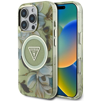 Guess Glitter Virágok háromszög gombok MagSafe - tok iPhone 16 Pro (zöld)