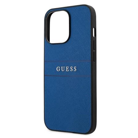 Pouzdro Guess Saffiano Metal Logo Stripes - iPhone 13 Pro (modré)