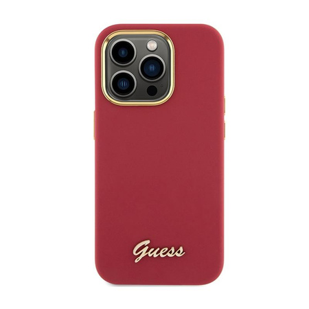 Silikonové pouzdro Guess Script Metal Logo & Frame - iPhone 15 Pro (purpurové)
