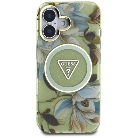 Guess Glitter Flowers Triangle Buttons MagSafe - Etui do iPhone 16 zielony