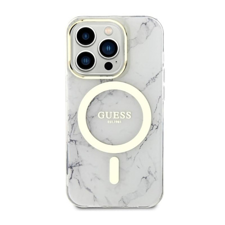 Guess Marble MagSafe - pouzdro pro iPhone 14 Pro (bílé)