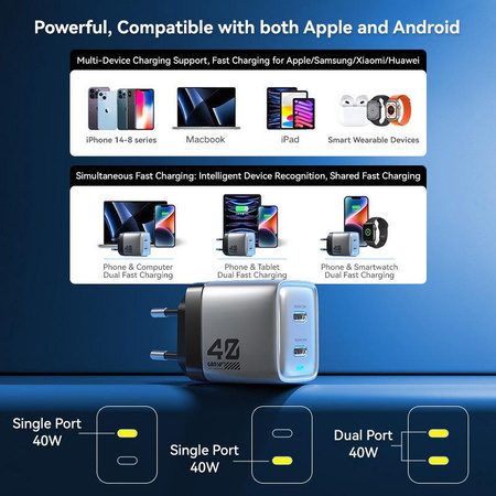 WEKOME WP-U02 Mecha Series - Chargeur de courant 2x USB-C Super Fast Charger GaN 40W (Argent)