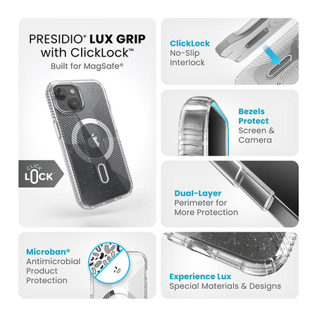 Speck Presidio Lux Grip ClickLock & MagSafe - tok iPhone 16e / iPhone 15 / iPhone 14 / iPhone 13 (átlátszó / Platinium Glitter / krómozott kivitel / Serene Silver)