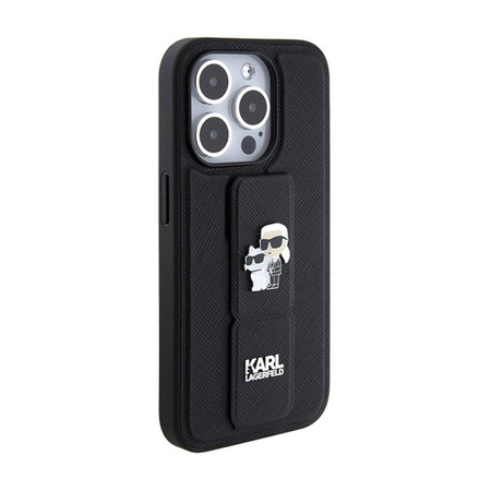 Karl Lagerfeld Gripstand Saffiano Karl & Choupette Pins - iPhone 15 Pro Tasche (Schwarz)