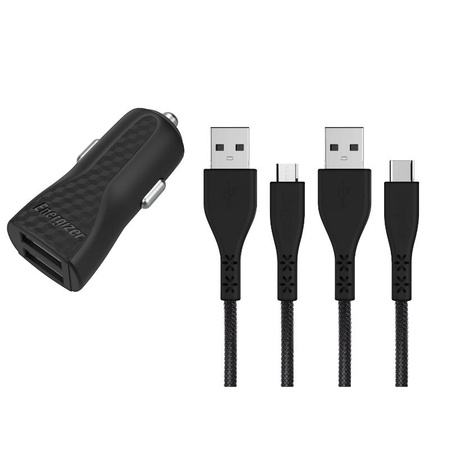 Energizer HardCase - Autótöltő 2x USB-A 2.4A + USB-C és Micro USB kábel (fekete)