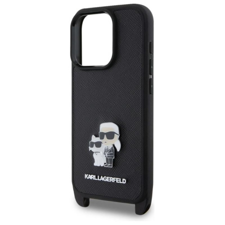 Karl Lagerfeld Saffiano Karl & Choupette Metal Pin CBDY Strap - Hülle für iPhone 16 Pro (schwarz)