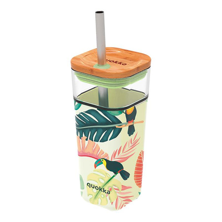 Quokka Liquid Cube - Glass mug 540 ml with stainless steel straw (Tropical Toucans)