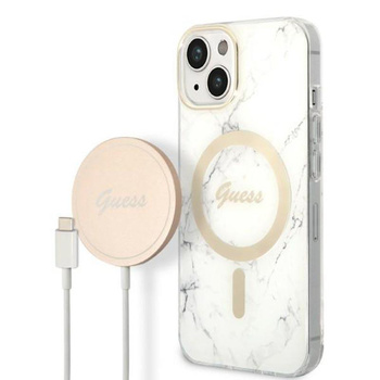 Guess Bundle Pack MagSafe IML Marble - MagSafe iPhone 14 Plus Tasche + Ladegerät Set (weiß/gold)