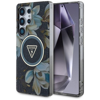 Guess Glitter Flowers Triangle Buttons MagSafe - Hülle für Samsung Galaxy S25 Ultra (schwarz)