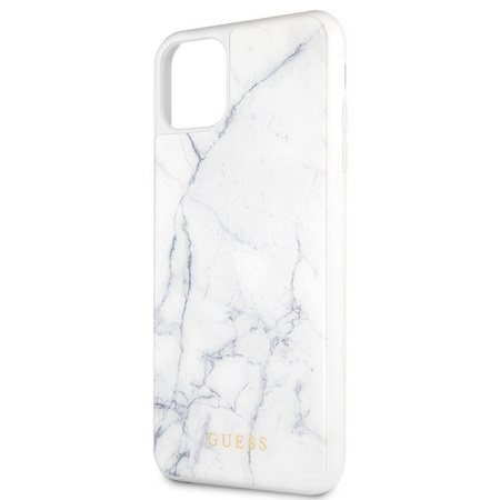 Coque rigide en verre trempé Guess Marble - Coque iPhone 11 Pro Max (blanc)