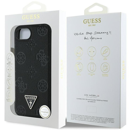 Guess Grained Hot Stamp Peony Triangle Logo MagSafe - pouzdro pro iPhone 16e (černé)