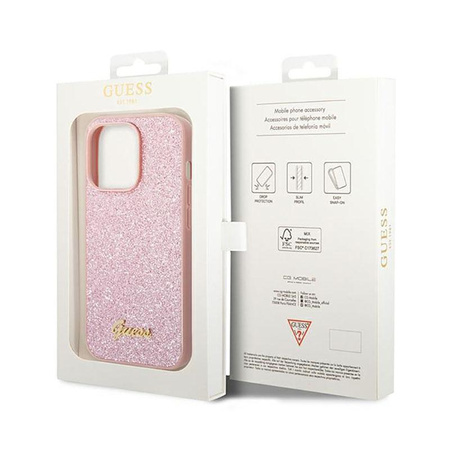 Guess Glitter Flakes Metal Logo Case - pouzdro pro iPhone 14 Pro (růžové)