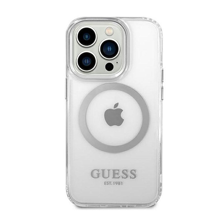 Pouzdro Guess Metal Outline MagSafe - iPhone 14 Pro (průhledné / stříbrné)