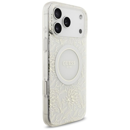 Guess IML Flowers Electro Pearl Strap MagSafe - Hülle iPhone 17 Pro Max (weiß)