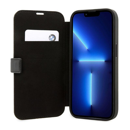 BMW Booktype Leder strukturiert & gestreift - Tasche für iPhone 14 Pro Max (Schwarz)
