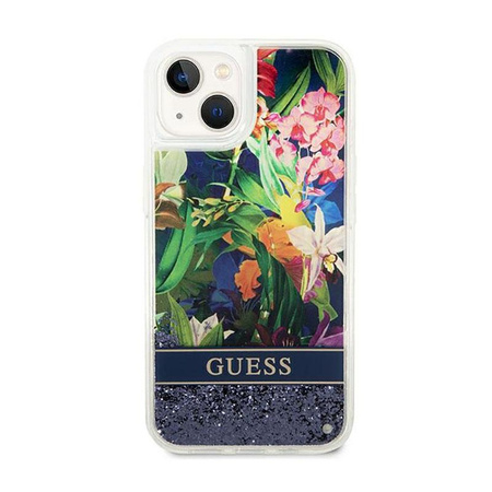 Guess Liquid Glitter Flower - Coque pour iPhone 14 Plus (bleu)