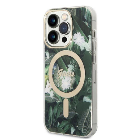 Guess Bundle Pack MagSafe IML Jungle - MagSafe iPhone 14 Pro Case + Charger Set (khaki/gold)