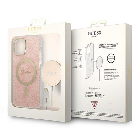 Guess Bundle Pack MagSafe 4G - MagSafe iPhone 12 / iPhone 12 Pro case + charger set (pink/gold)