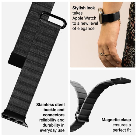 Crong Eclipse – Kožený magnetický řemínek pro Apple Watch 44/45/46/49 mm (černý)