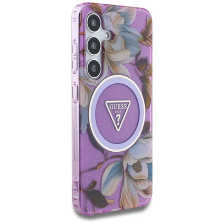 Guess Glitter Flowers Triangle Buttons MagSafe - Tasche für Samsung Galaxy S25 (lila)