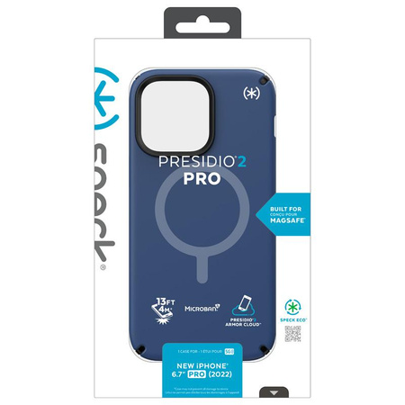 Speck Presidio2 Pro MagSafe - Antibakterielles Gehäuse für iPhone 14 Pro Max (Küstenblau / Schwarz / Weiß)