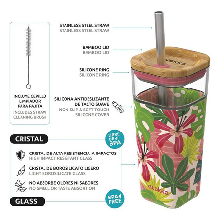 Quokka Liquid Cube - 540 ml-es üveg bögre rozsdamentes acél szívószállal (Pink Jungle)