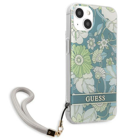 Guess Flower Cord - Etui avec dragonne iPhone 13 (Vert)