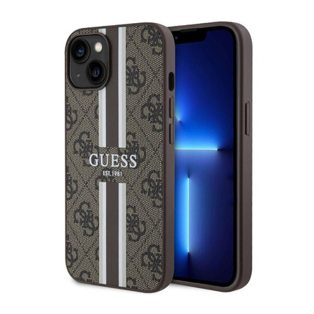 Pouzdro Guess 4G MagSafe s potiskem pruhů - iPhone 14 Plus (hnědé)