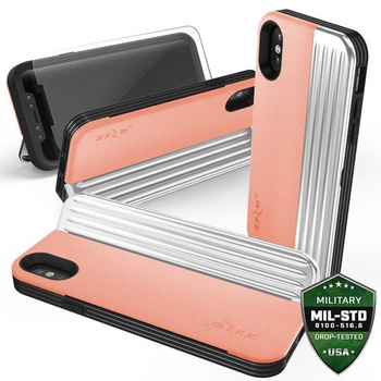 Zizo Retro Series - iPhone Xs / X Hülle mit Kartenfach + Ständer + 9H Glas für Bildschirm (Pfirsich/Silber)
