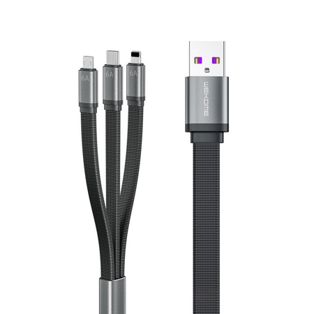 WEKOME WDC-157 King Kong 2nd gen - 3 az 1-ben USB-A Lightning + USB-C + Micro USB 6A gyors töltő csatlakozókábel 1,3 m (fekete)