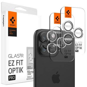 Spigen Optik Pro GLAS.TR EZ Fit Camera Protector 2er-Pack - Objektivschutzglas für iPhone 16 Pro / 16 Pro Max / 15 Pro / 15 Pro Max / 14 Pro / 14 Pro Max (