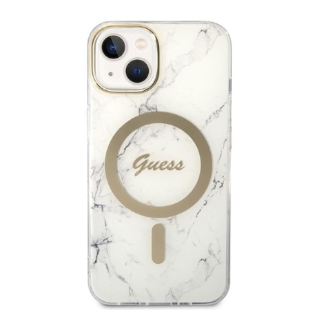 Guess Bundle Pack MagSafe IML Marble - Étui MagSafe pour iPhone 14 + chargeur (blanc/or)