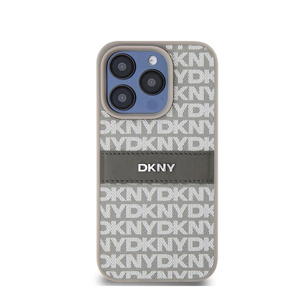 DKNY Étui en cuir mono-rayure et logo en métal pour iPhone 15 Pro Max (beige)