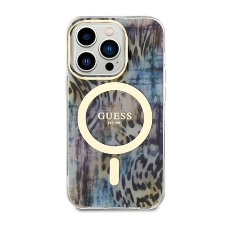 Guess Leopard MagSafe - pouzdro pro iPhone 14 Pro (modré)