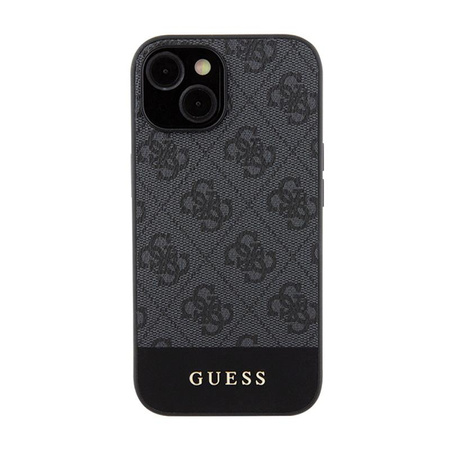 Guess 4G Bottom Stripe Metal Logo Collection - Coque pour iPhone 15 (gris)