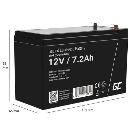 Green Cell - Batterie AGM VRLA 12V 7.2Ah sans entretien pour système d'alarme, caisse enregistreuse, jouet