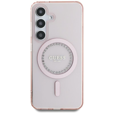 Guess Strasssteinchen gedrucktes klassisches Logo MagSafe - Hülle für Samsung Galaxy S25 (rosa)