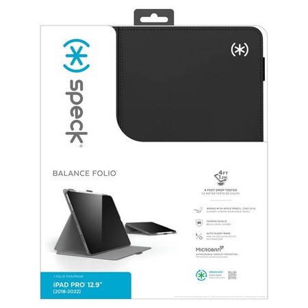 Speck Balance Folio - pouzdro pro iPad Pro 12,9" (2022-2018) s povrchovou úpravou MICROBAN, magnetem a stojánkem (černé)