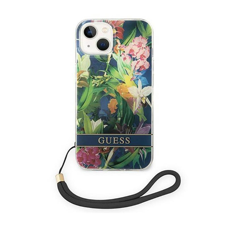 Guess Flower Cord - Etui avec dragonne iPhone 14 Plus (bleu)