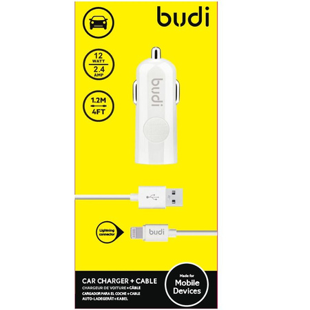 Budi - USB autós töltő + Lightning kábel (fehér)