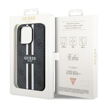 Pouzdro Guess 4G MagSafe s potiskem pruhů - iPhone 14 Pro (černé)