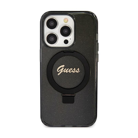 Guess Ring Stand Script Glitter MagSafe - iPhone 15 Pro Max Tasche (schwarz)